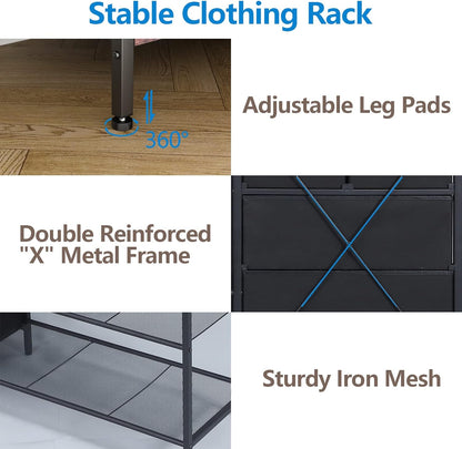 Heavy Duty Clothes Rack with 5 Drawers & 4 Storage Shelves, 70.9Hx59.1W Clothing Rack with 2 Hanging Rods, Wardrobe Closet Rack with 5 Hooks, Freestanding Garment Rack (Rustic Brown)
