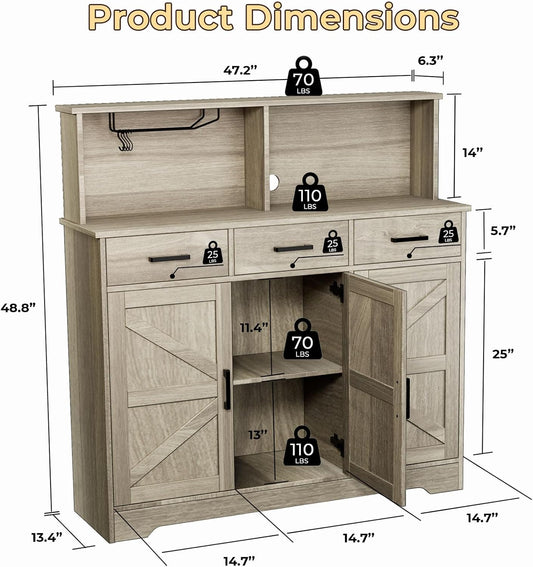 Grey Buffet Sideboard Storage Cabinet - 47" Large Double-Layer Kitchen Pantry Cabinet with 3 Drawers & 3 Doors, Modern Liquor Coffee Bar Buffet Table with Hutch for Dining Living Room