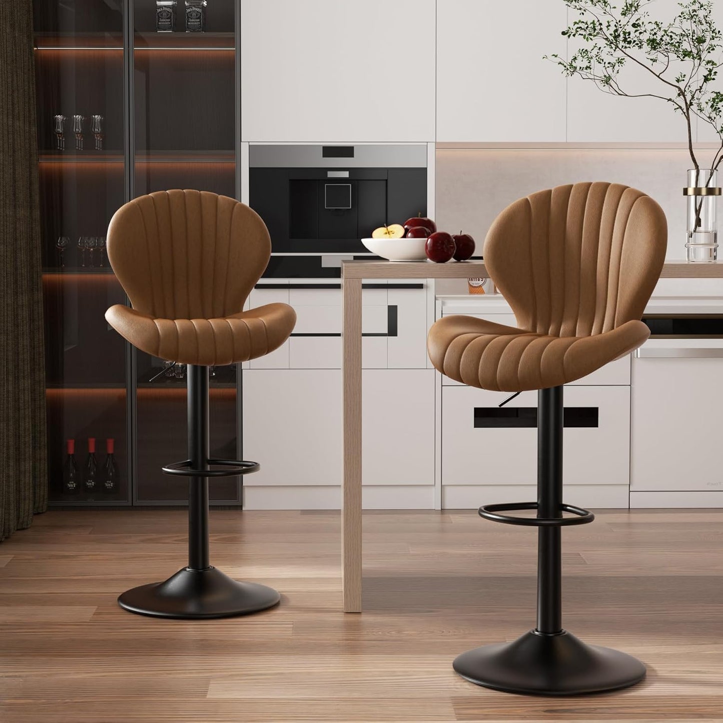Bar Stools Set of 2 Adjustable Swivel Counter Height Bar Stools with Back & Footrest Modern Design Bar Chairs Faux Leather Upholstered Barstools for Bar Kitchen Dining Room