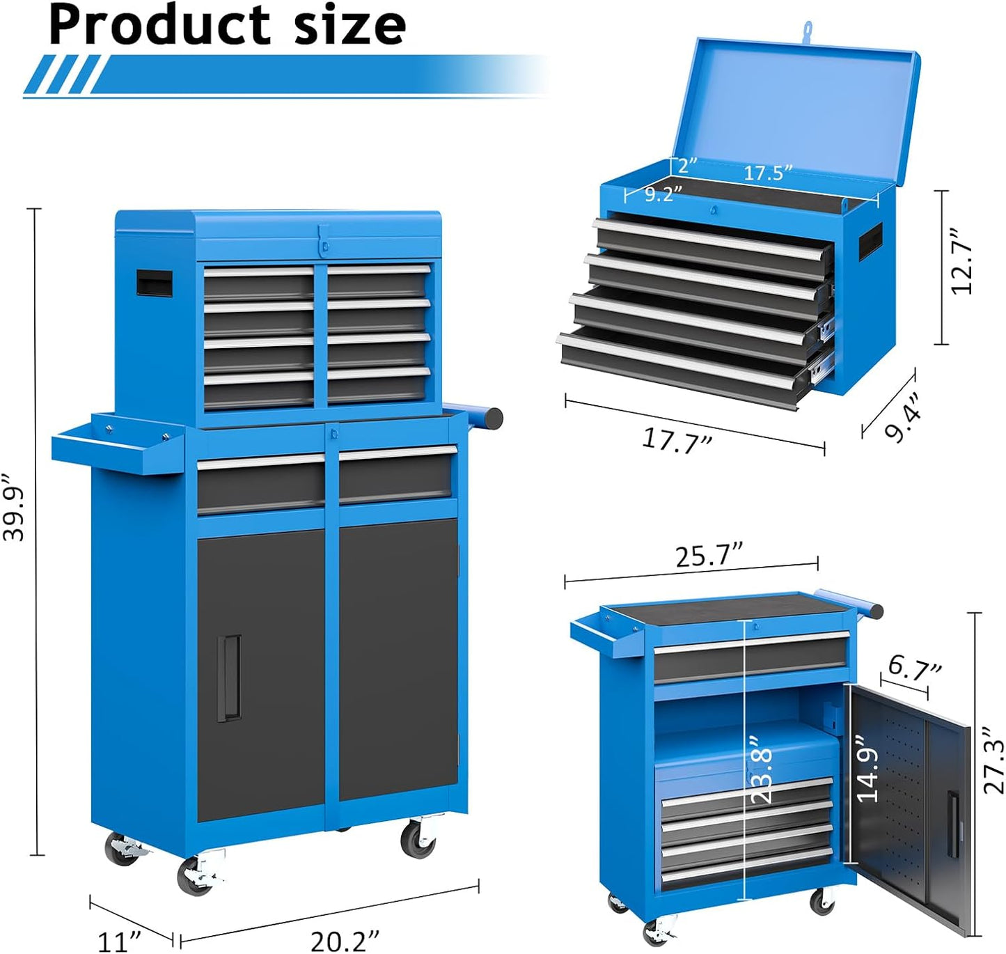5-Drawer Tool Chest, Rolling Tool Storage Cabinet with Enhanced Packaging, Lockable Wheels, Detachable Top Tool Box, Metal Tool Cart for Garage, Workshop, Blue
