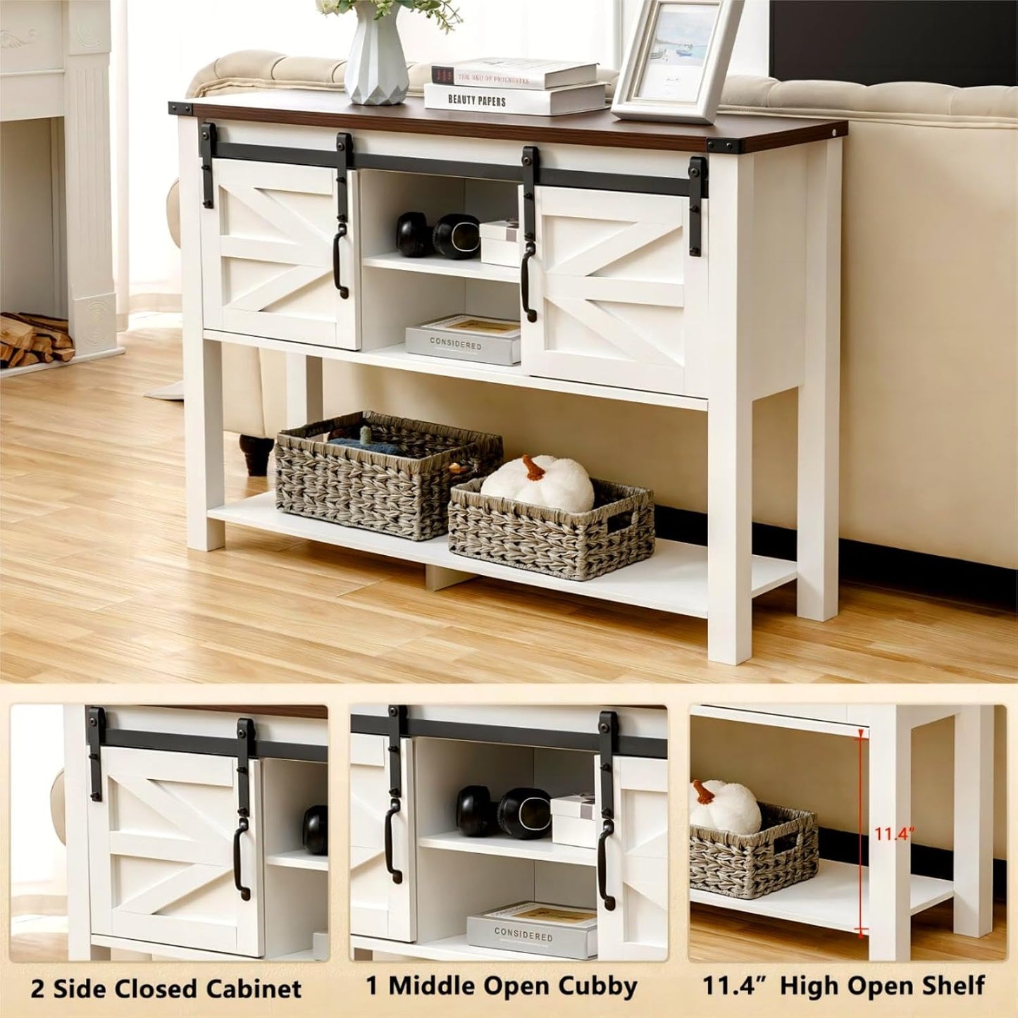 Entryway Table with Sliding Barn Doors, 46'' Farmhouse Console Table with Storage, Rustic Sofa Table with Adjustable Shelf & Open Shelf for Entry Way, Hallway, Living Room, White