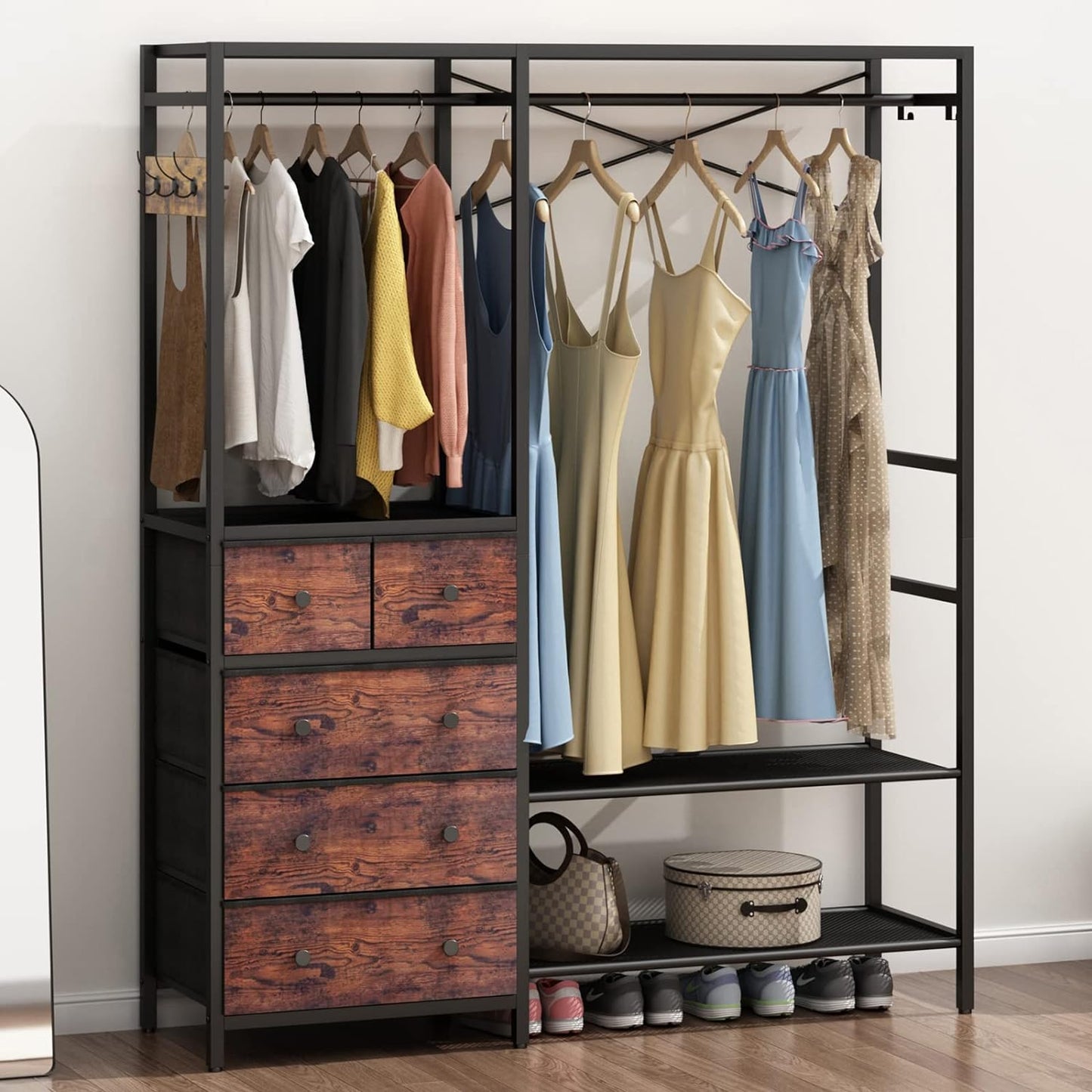 Heavy Duty Clothes Rack with 5 Drawers & 4 Storage Shelves, 70.9Hx59.1W Clothing Rack with 2 Hanging Rods, Wardrobe Closet Rack with 5 Hooks, Freestanding Garment Rack (Rustic Brown)