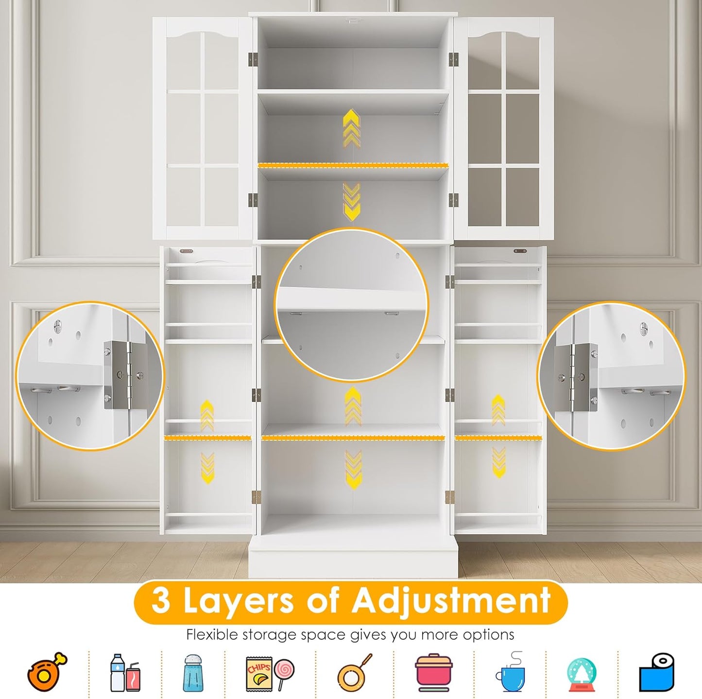 64” Kitchen Pantry Cabinets, White Freestanding Kitchen Pantry Storage Cabinet with Adjustable Shelves & Doors, Buffet Cupboards Sideboard Tall Storage Cabinet for Home Office Use