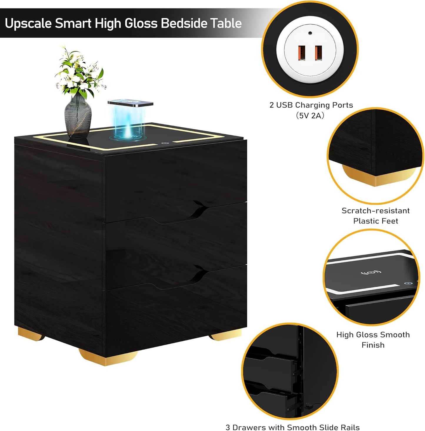Black Smart Nightstand with Wireless Charging Station & USB Charging, High Gloss Smart Bedside Table with Adjustable LED Lights, End Table Organizer for Bedroom Living Room Office Use