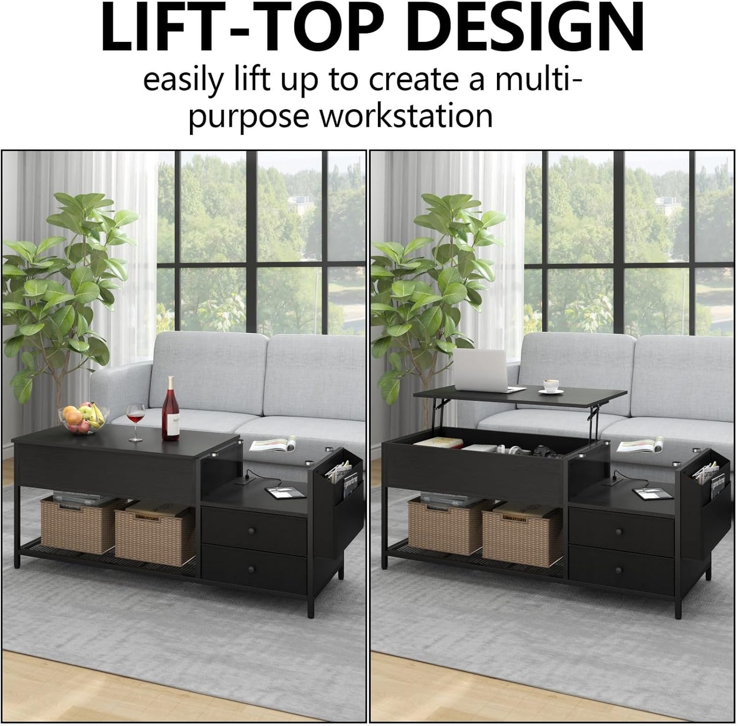Lift Top Coffee Table with LED Light & Power Outlet, Retro Coffee Tables with Storage Drawers Hidden Compartment, Centre Table with Tempered Glass Top, Side Bag for Living Room (Black)