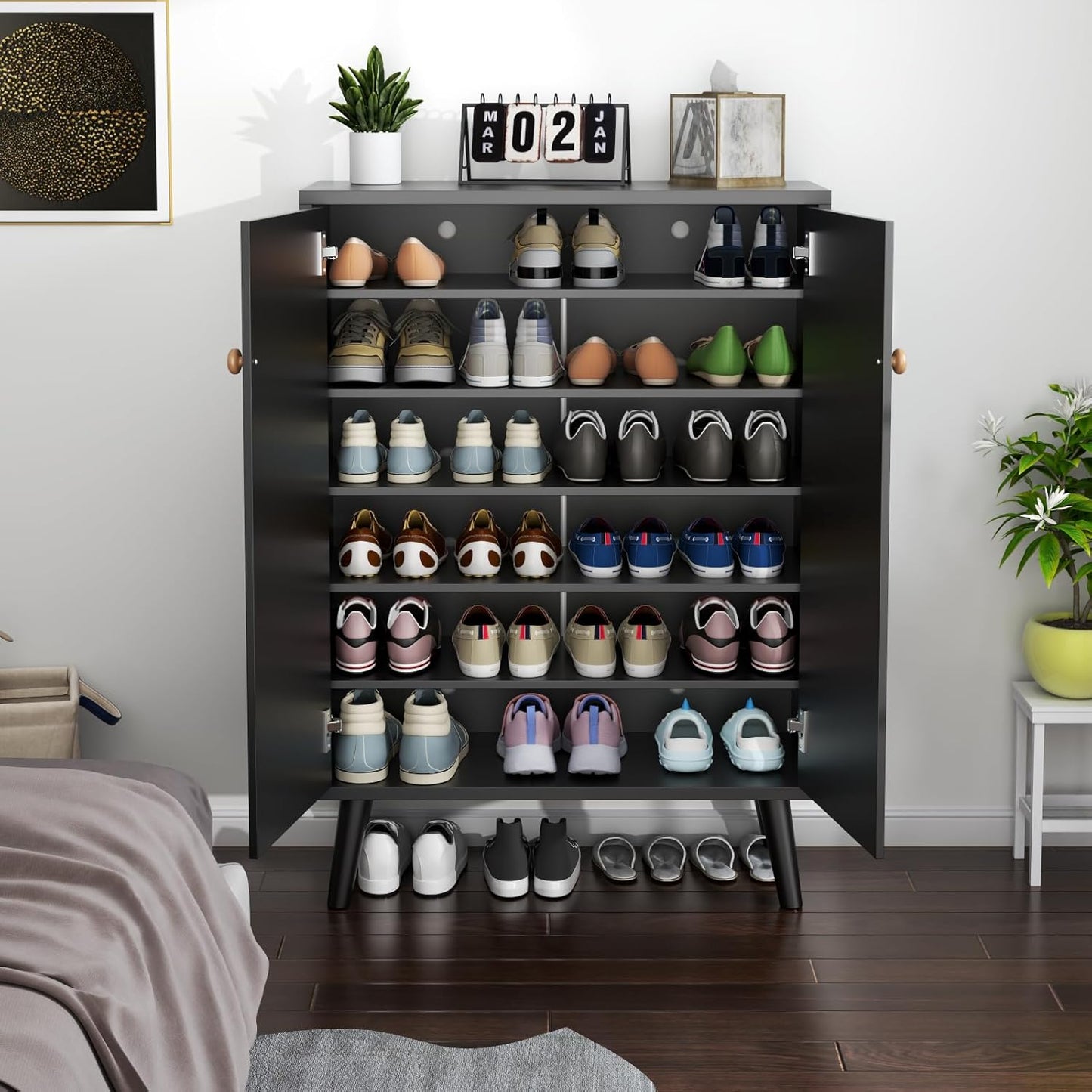 Rattan Shoe Cabinet, 6-Tiers Shoe Storage Cabinet for Entryway Hallway, 2 Door Accent Cabinet with Adjustable Shelves, 44" H Tall Sideboard Storage Cabinet Closet Living Room (Black)