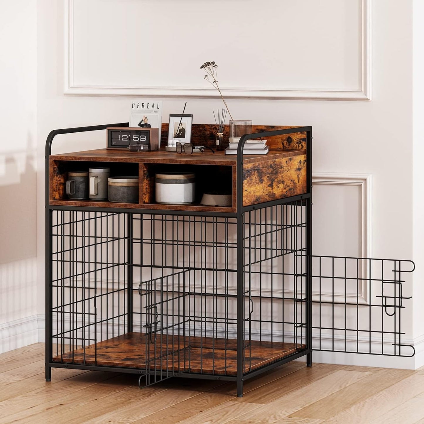 Small Dog Crate Furniture, Puppy Dog Kennel Indoor, Wood Dog Cage Table with Drawers Storage, Heavy Duty Dog Crate, Jaula para Perros, Sturdy Metal, 27.6" L×20.5" W×31.9" H