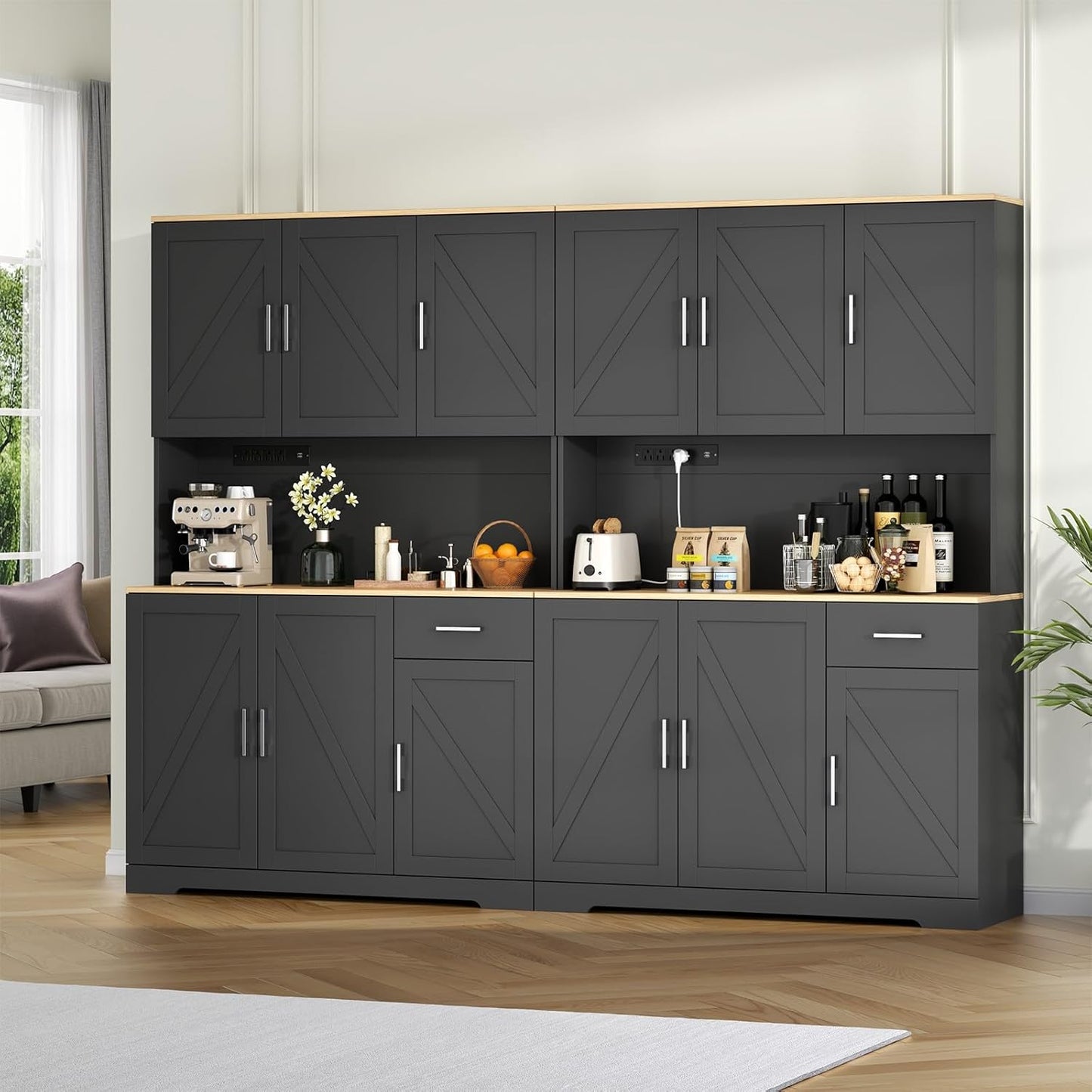 71’’ Farmhouse Kitchen Pantry Cabinet, Tall Storage Cabinet with Power Outlet, Freestanding Hutch with Drawer, 4 Adjustable Shelf & 6 Doors for Kitchen Living Room (Black)