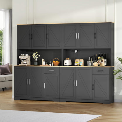 71’’ Farmhouse Kitchen Pantry Cabinet, Tall Storage Cabinet with Power Outlet, Freestanding Hutch with Drawer, 4 Adjustable Shelf & 6 Doors for Kitchen Living Room (Black)