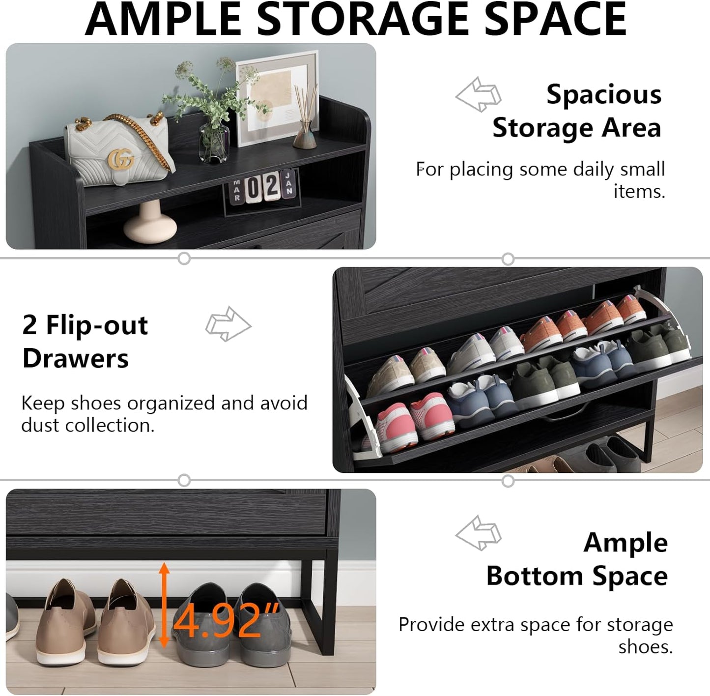 Shoe Cabinet, Freestanding Tipping Bucket Shoe Storage Cabinet with 2 Flip Drawers, Entryway Shoe Rack with Storage Top Cubby, Narrow Slim Hidden Shoe Organizer with Doors (Black)