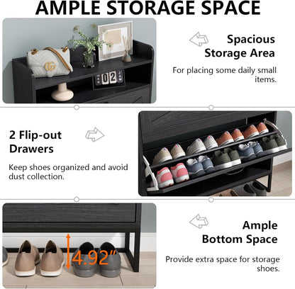 Shoe Cabinet, Freestanding Tipping Bucket Shoe Storage Cabinet with 2 Flip Drawers, Entryway Shoe Rack with Storage Top Cubby, Narrow Slim Hidden Shoe Organizer with Doors (Black)