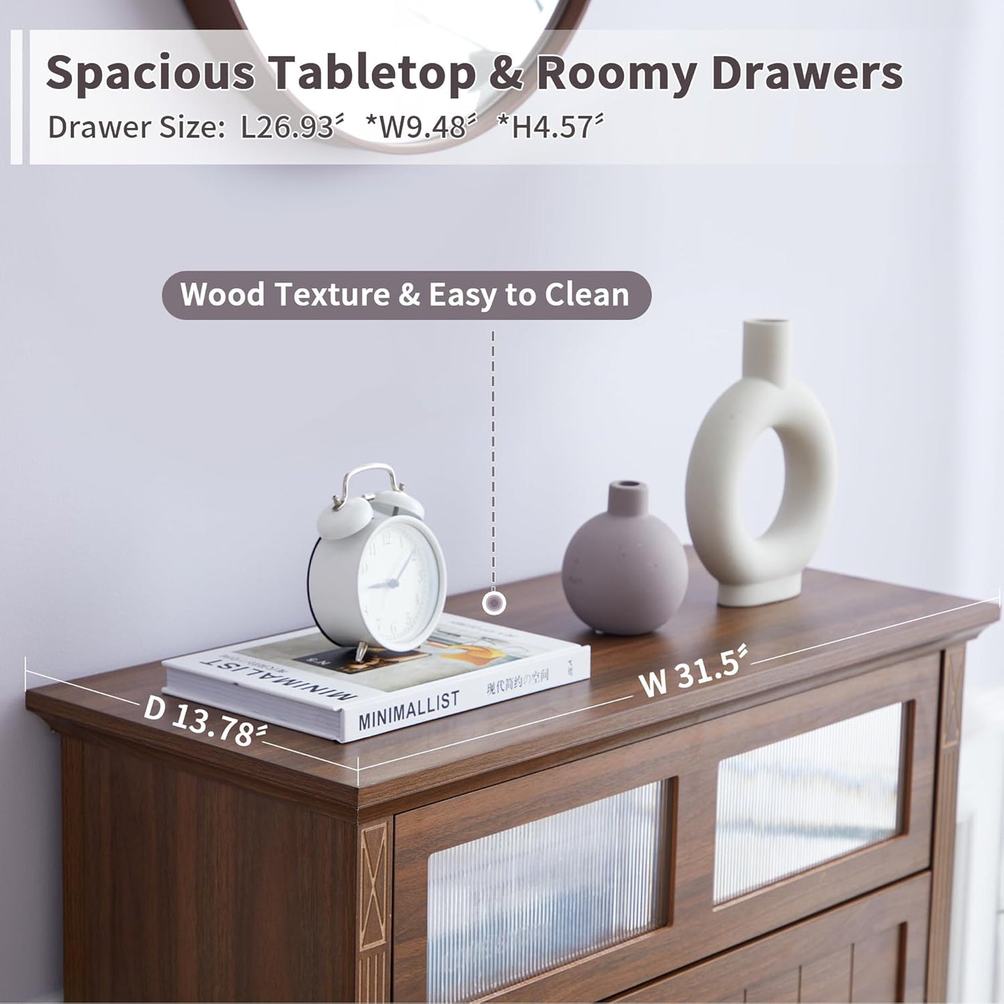 Vintage Style Wooden Chest of Drawers Storage Cabinet with Metal Ring Handles