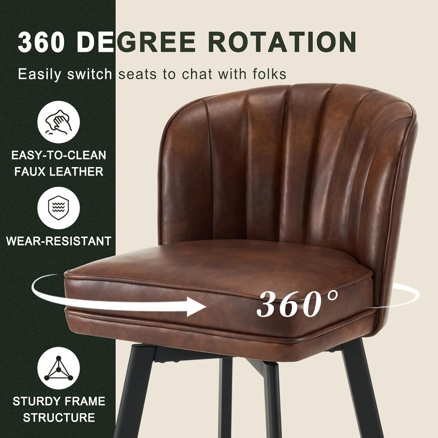 Swivel Counter Height Bar Stools Set of 4, 26'' Modern Barstools with Backs and Metal Legs, Upholstered Bar Chairs, Faux Leather Brown Stools for Kitchen Island Chairs