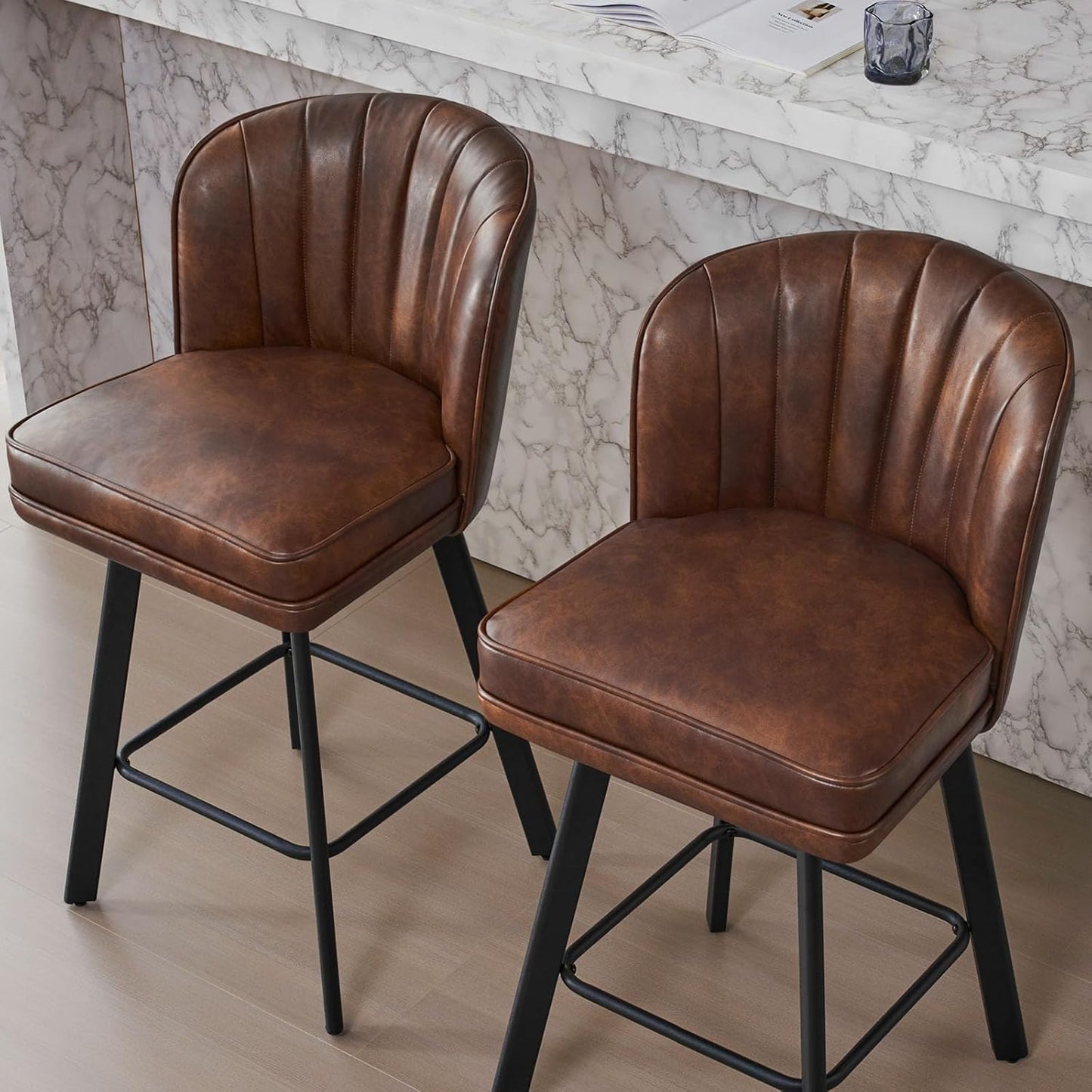 Swivel Counter Height Bar Stools Set of 4, 26'' Modern Barstools with Backs and Metal Legs, Upholstered Bar Chairs, Faux Leather Brown Stools for Kitchen Island Chairs