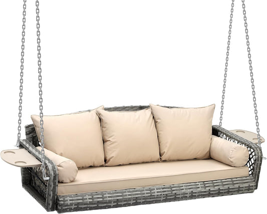 3 Person Porch Swing Patio Wicker Hanging Porch Swing Chair Outdoor Rattan Swing Bench with Cushion and Pillow for Garden, Yard, Lawn (Gray Rattan Khaki Cushion)