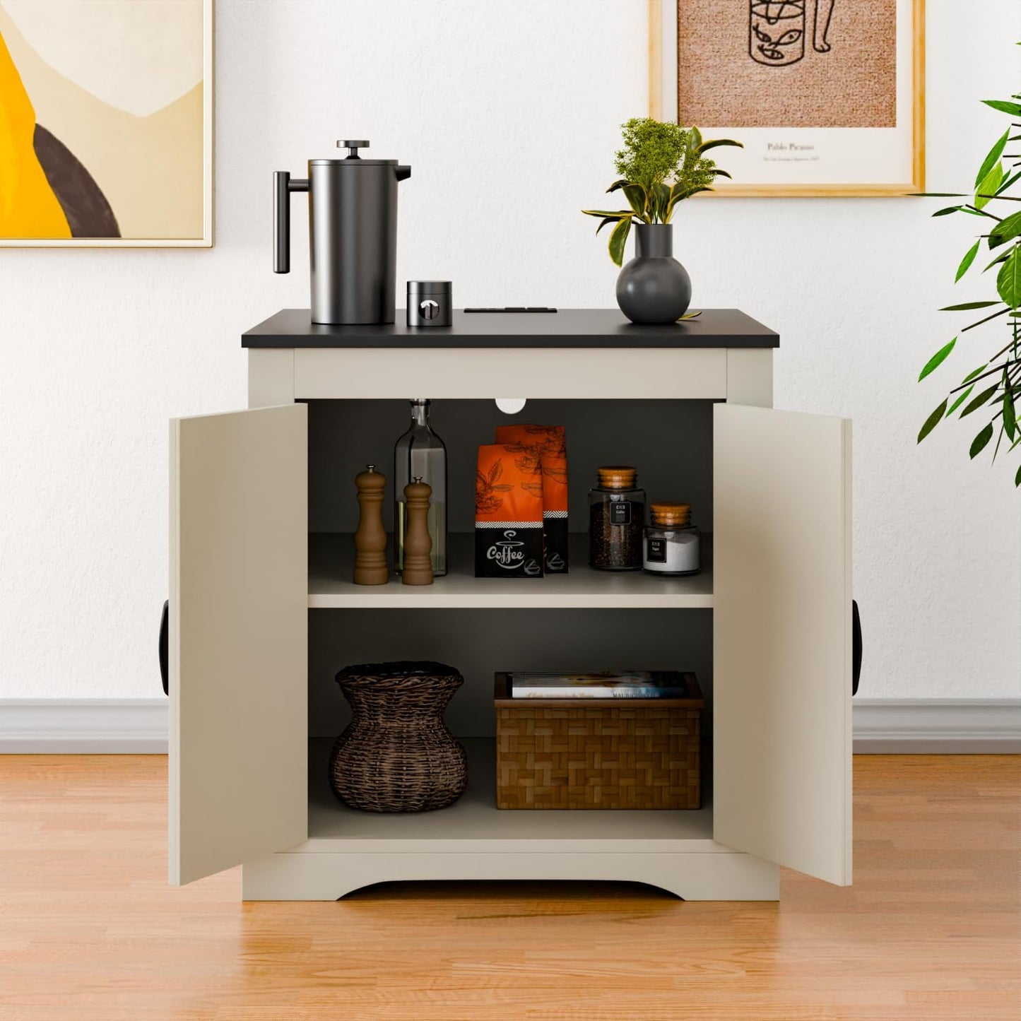 Farmhouse End Table, Sofa Side Table with Charging Station, 24" Large Wood Square Nightstand with Doors, Modern Storage Cabinet for Living Room, Bedroom, Entryway (White)