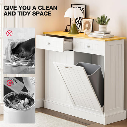 20 Gallon Double Tilt Out Trash Cabinet with Charging Station, Upgrade Wooden Free Standing Trash Cabinet with Outlet,Recycling Cabinet with Hideaway Drawer (White)