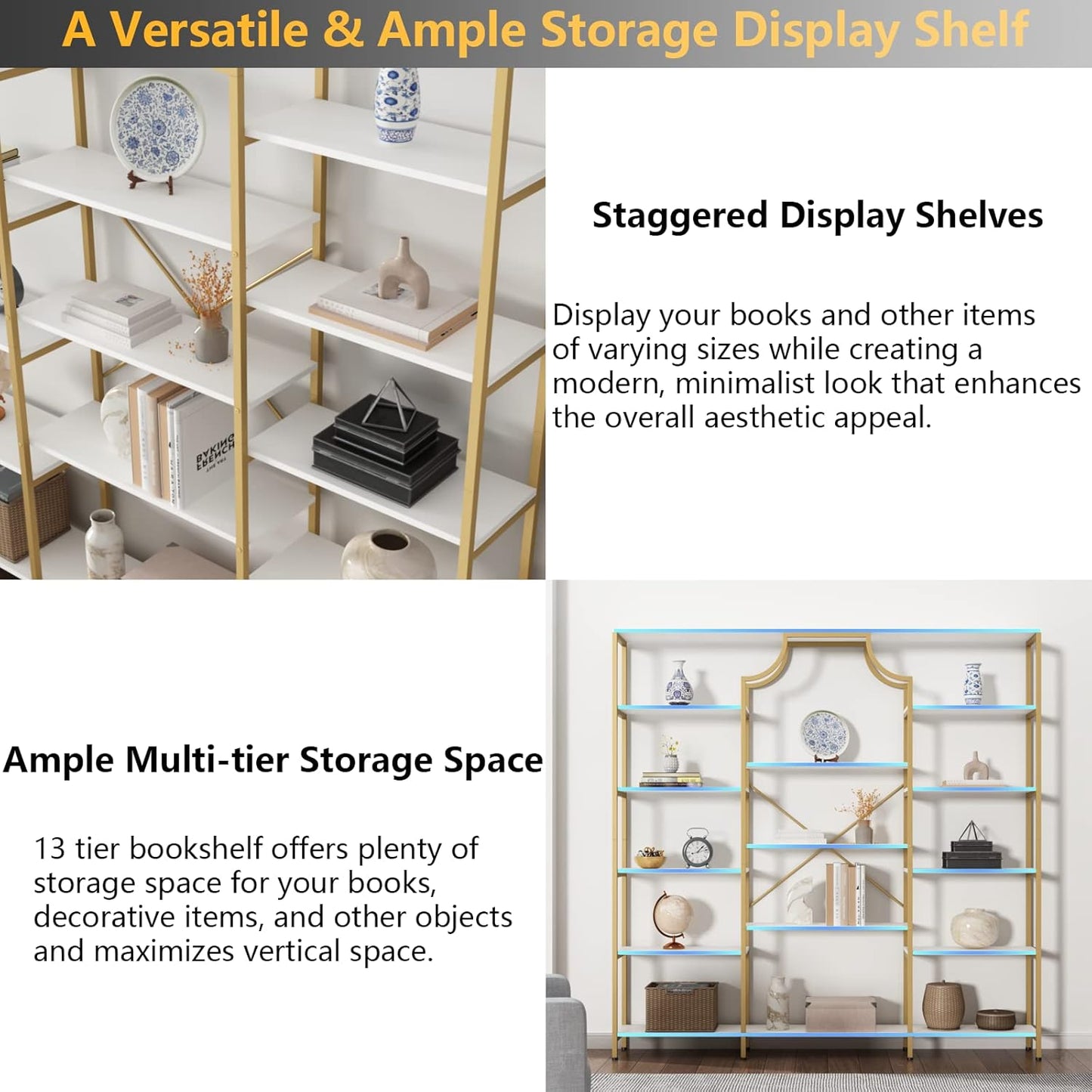 Triple Wide Bookshelf, 70.87" W/H Large Tall Etagere Bookcase, Modern 13-Open Shelves Geometric Bookshelf, Display Storage Metal Book Case, for Bedroom, Home Office & Living Room, Gold & White