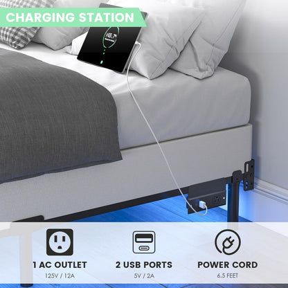 Queen Bed Frame for Box Spring, 7 Inch Metal Bed Frame with LED Lights, 9-Legs Support Bed Base, Tool-Free Easy Assembly