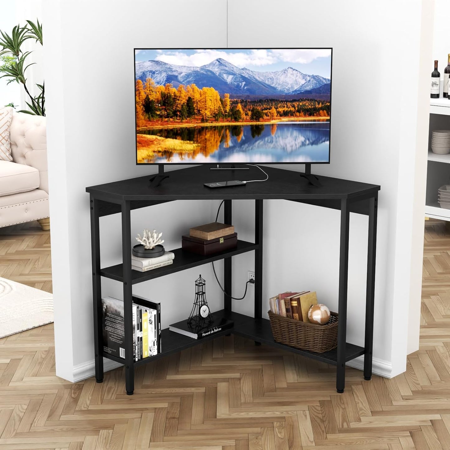 Corner Desk with Outlets & USB Ports, 90 Degree Triangle Corner Table with CPU Stand & Storage Shelves for Small Space, Computer Table with Charging Station for Home Office Bedroom (Black)