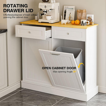 20 Gallon Double Tilt Out Trash Cabinet with Charging Station, Upgrade Wooden Free Standing Trash Cabinet with Outlet,Recycling Cabinet with Hideaway Drawer (White)