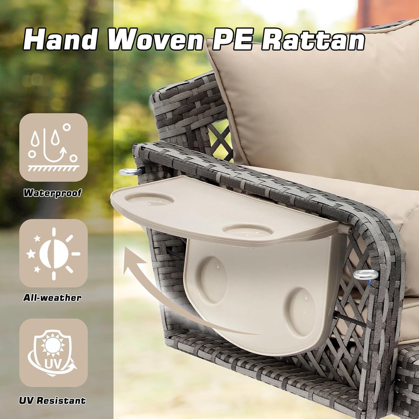 3 Person Porch Swing Patio Wicker Hanging Porch Swing Chair Outdoor Rattan Swing Bench with Cushion and Pillow for Garden, Yard, Lawn (Gray Rattan Khaki Cushion)