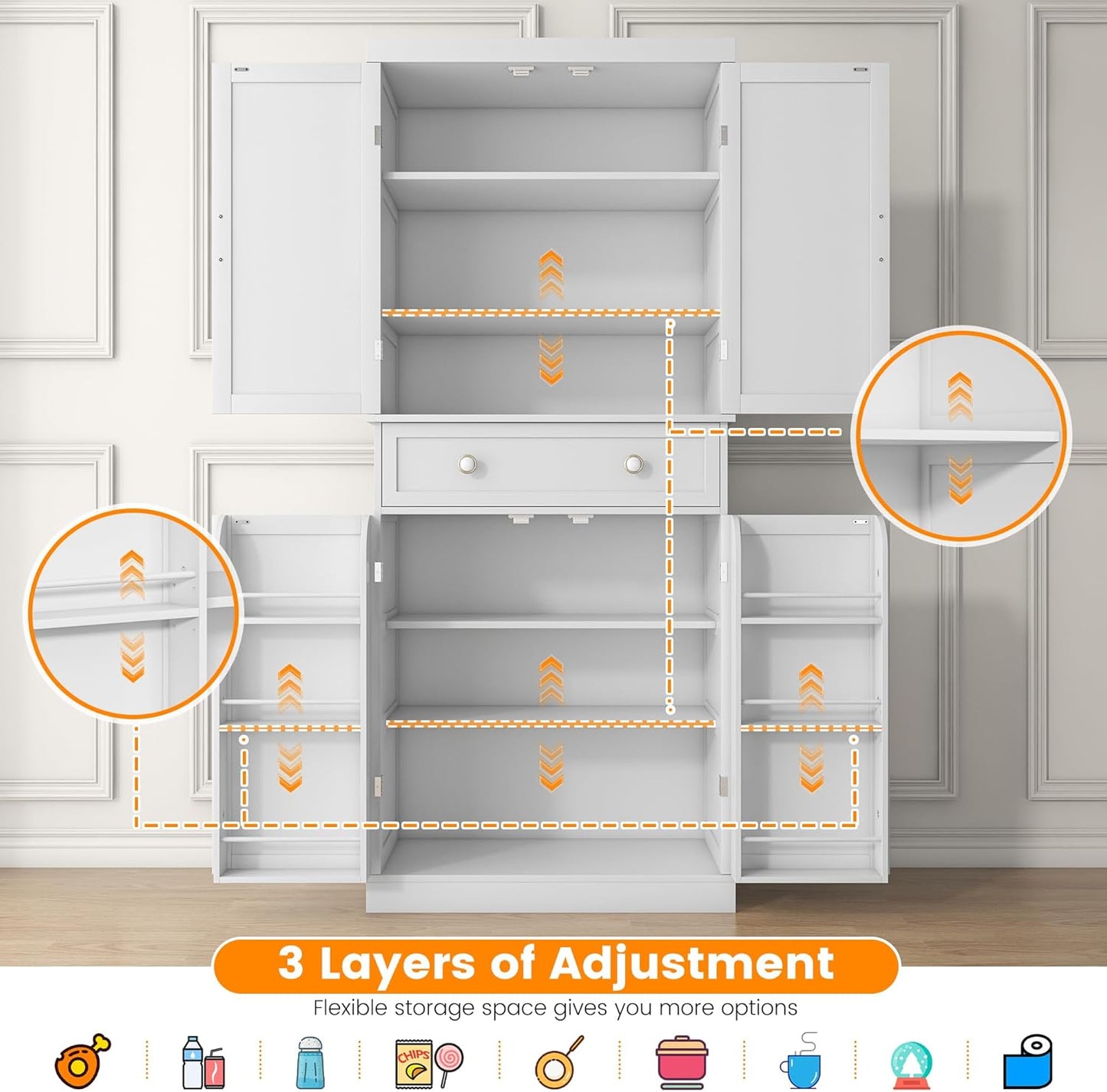 72“ Kitchen Pantry Cabinet White, Tall Pantry Storage Cabinet with Adjustable Shelves and Drawer, Kitchen Buffet Cupboards Sideboard for Home Office Use (16" D x 30" W x 72" H)