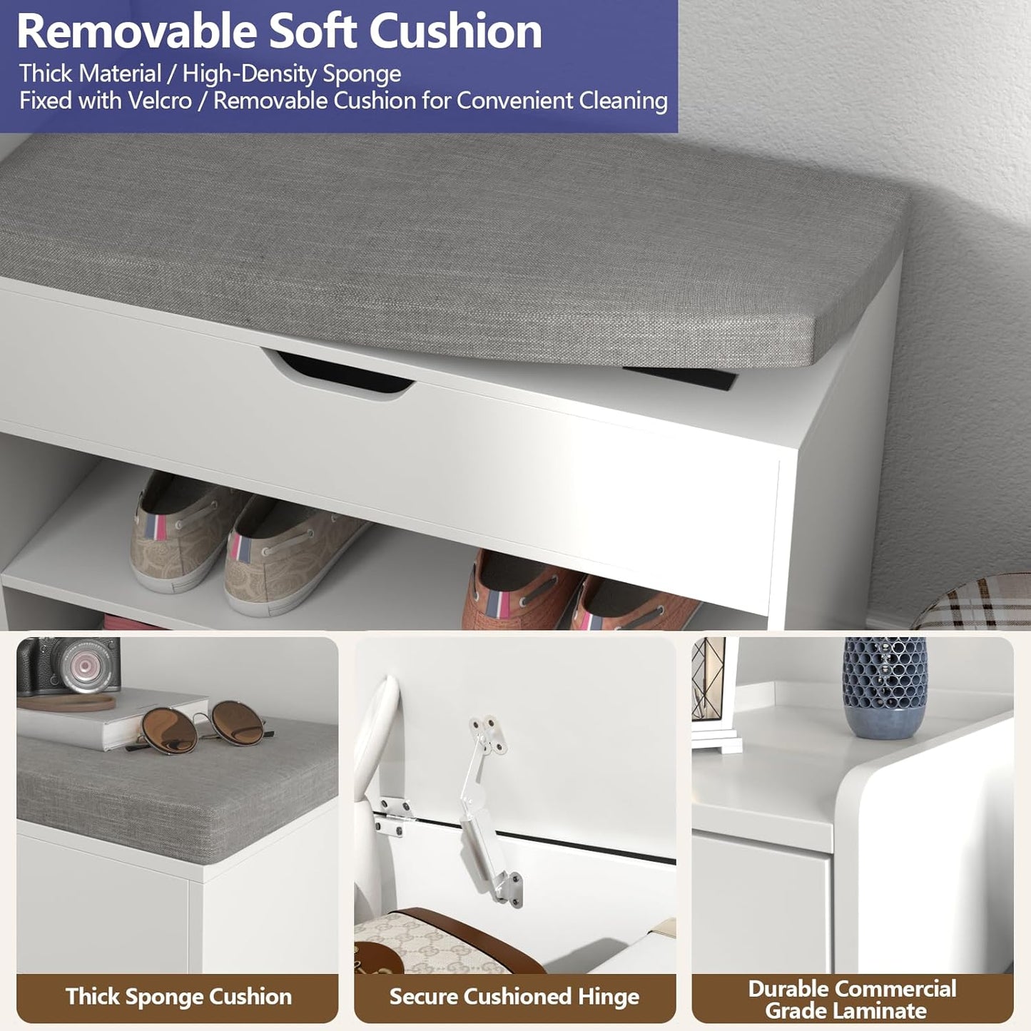 Shoe Storage Bench, 2-Tier Farmhouse Entryway Bench with Lift Top Storage Box, Drawer & Soft Removable Seat Cushion, Silm Shoe Rack with Shoe Cabinet for Entryway, Hallway, Bedroom, White