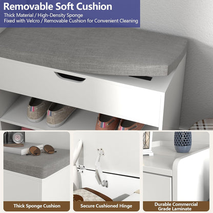 Shoe Storage Bench, 2-Tier Farmhouse Entryway Bench with Lift Top Storage Box, Drawer & Soft Removable Seat Cushion, Silm Shoe Rack with Shoe Cabinet for Entryway, Hallway, Bedroom, White