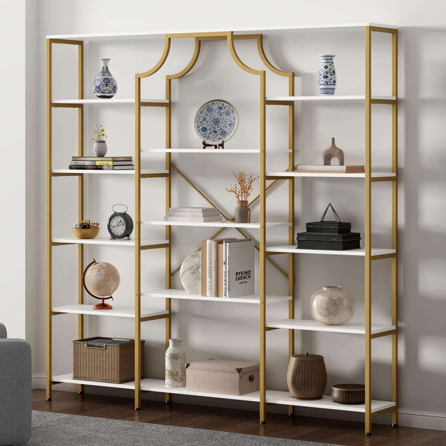 Triple Wide Bookshelf, 70.87" W/H Large Tall Etagere Bookcase, Modern 13-Open Shelves Geometric Bookshelf, Display Storage Metal Book Case, for Bedroom, Home Office & Living Room, Gold & White