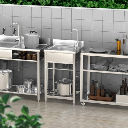 Stainless Steel Utility Sink, Single Bowl Set with Hot and Cold Faucet Water Pipe, Free Standing Commercial Sink for Kitchen Restaurant Laundry Garage Garden Backyard