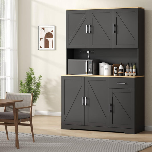 71’’ Farmhouse Kitchen Pantry Cabinet, Tall Storage Cabinet with Power Outlet, Freestanding Hutch with Drawer, 4 Adjustable Shelf & 6 Doors for Kitchen Living Room (Black)