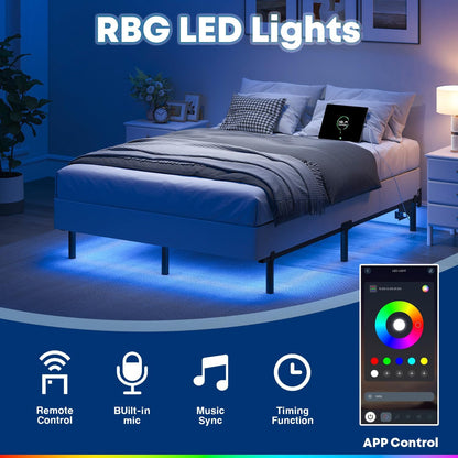Queen Bed Frame for Box Spring, 7 Inch Metal Bed Frame with LED Lights, 9-Legs Support Bed Base, Tool-Free Easy Assembly