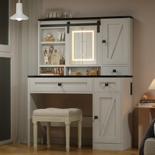 42" Farmhouse Makeup Vanity Desk with Lighted Mirror & Power Strips, Vanity Table with Sliding Barn Door, Open & Hidden Shelves, Drawers, Jewelry Cabinet, White Dressing Table, Light