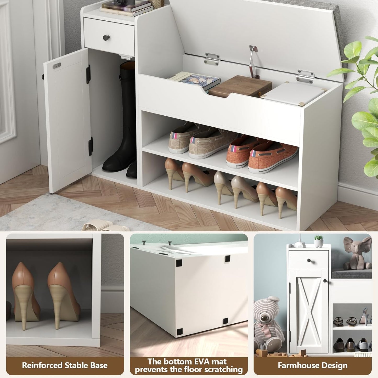 Shoe Storage Bench, 2-Tier Farmhouse Entryway Bench with Lift Top Storage Box, Drawer & Soft Removable Seat Cushion, Silm Shoe Rack with Shoe Cabinet for Entryway, Hallway, Bedroom, White