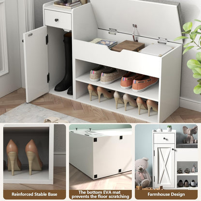 Shoe Storage Bench, 2-Tier Farmhouse Entryway Bench with Lift Top Storage Box, Drawer & Soft Removable Seat Cushion, Silm Shoe Rack with Shoe Cabinet for Entryway, Hallway, Bedroom, White