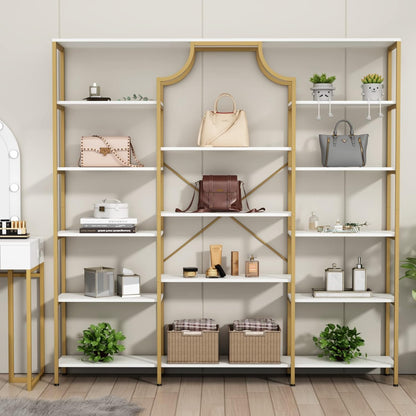 Triple Wide Bookshelf, 70.87" W/H Large Tall Etagere Bookcase, Modern 13-Open Shelves Geometric Bookshelf, Display Storage Metal Book Case, for Bedroom, Home Office & Living Room, Gold & White