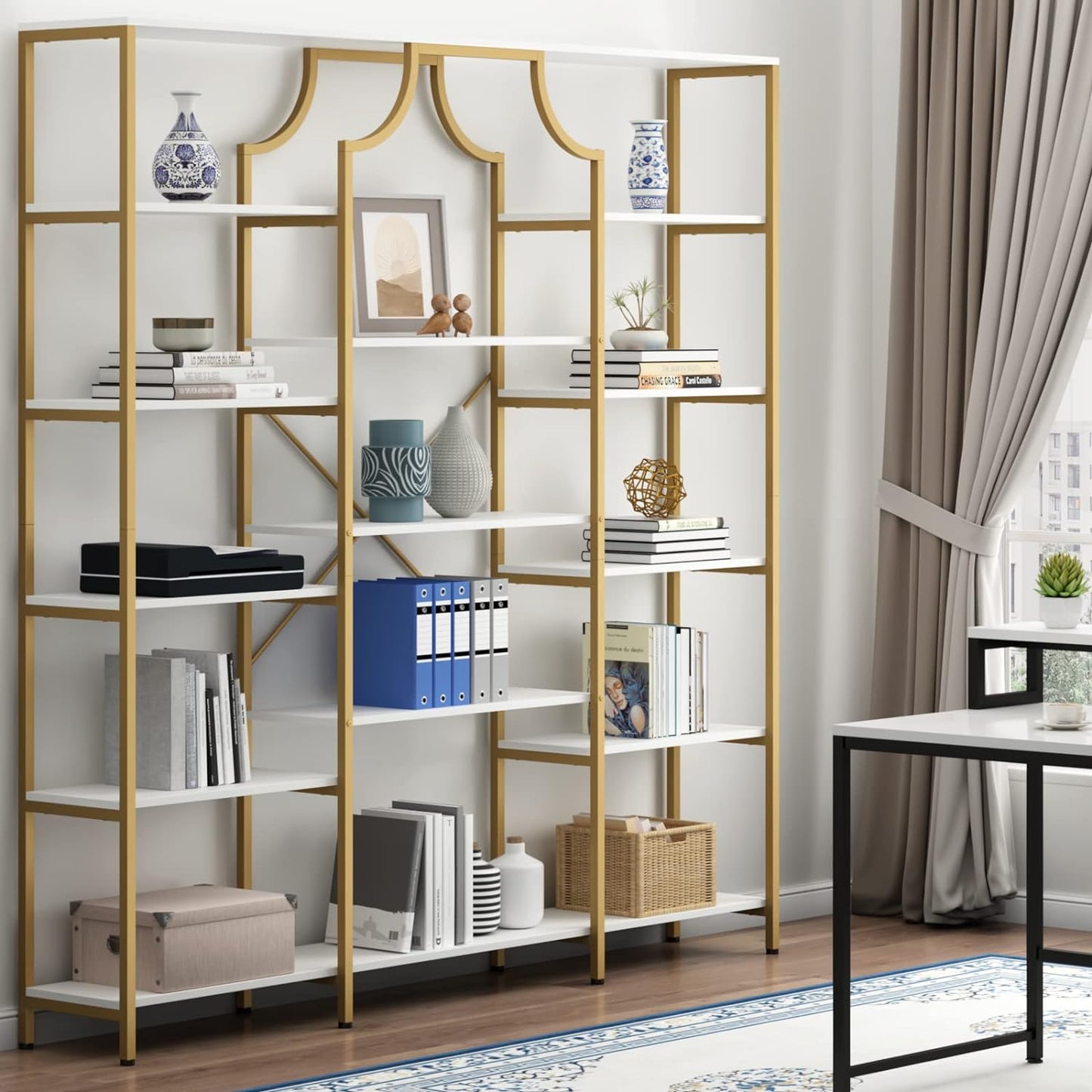 Triple Wide Bookshelf, 70.87" W/H Large Tall Etagere Bookcase, Modern 13-Open Shelves Geometric Bookshelf, Display Storage Metal Book Case, for Bedroom, Home Office & Living Room, Gold & White