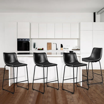26 inch Bar Stools Set of 4, Modern Counter Height Bar Stools, Faux Leather Barstool with Back and Metal Leg, Armless Bar Chairs for Kitchen Island (Black, 4pcs 26")