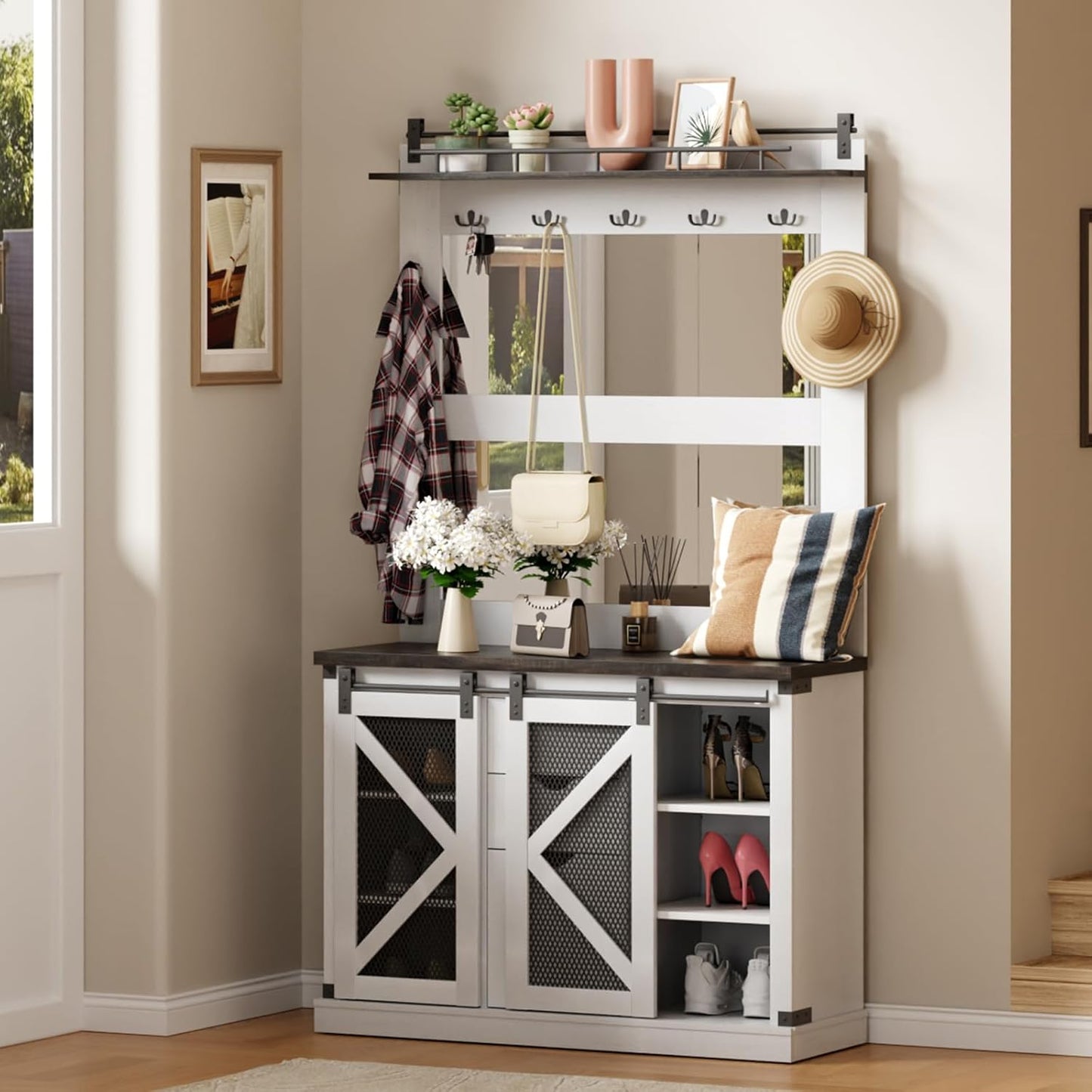 77 Inch Coat Rack with Shoe Storage Cubbies and 3 Drawers, Entryway Furniture with 2 Mirrors, 7 Coat Hooks and Sliding Barn Doors, Mudroom Storage Cabinet, White