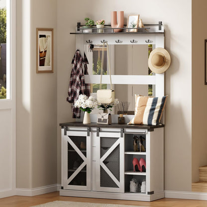 77 Inch Coat Rack with Shoe Storage Cubbies and 3 Drawers, Entryway Furniture with 2 Mirrors, 7 Coat Hooks and Sliding Barn Doors, Mudroom Storage Cabinet, White