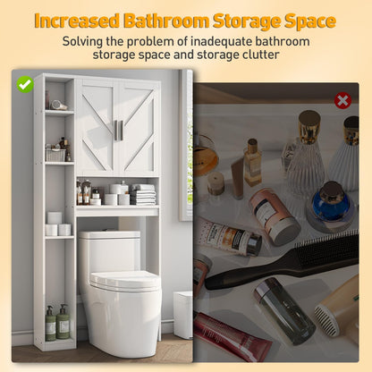 Over The Toilet Storage Cabinet with 7 Storage Shelves, Above Toilet Bathroom Organizer with Toilet Paper Holder Stand, Behind Toilet Cabinet, Space Saver for Restroom, Bathroom, Laundry, White