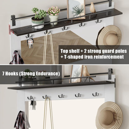 77 Inch Coat Rack with Shoe Storage Cubbies and 3 Drawers, Entryway Furniture with 2 Mirrors, 7 Coat Hooks and Sliding Barn Doors, Mudroom Storage Cabinet, White