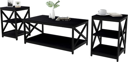Living Room Coffee Table Set of 3, Industrial X-Design Coffee Table and 2 End Side Tables, 3 Piece Living Room Table Set with Large Storage for Apartment Home (Black)