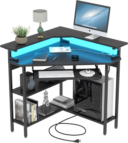 Corner Desk with Charging Station & LED Light, Triangle Corner Desk with Monitor Stand & Keyboard Tray for Small Space, Gaming Computer Desk with Storage Shelves for Home Office (Black)
