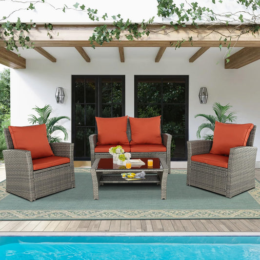 4-Piece Outdoor Rattan Patio Furniture Set Wicker Chairs Table w/ Cushions