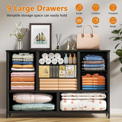 Black Bedroom Dresser for 55" Long TV Stand, 9-Drawer Bedroom Storage Cabinet