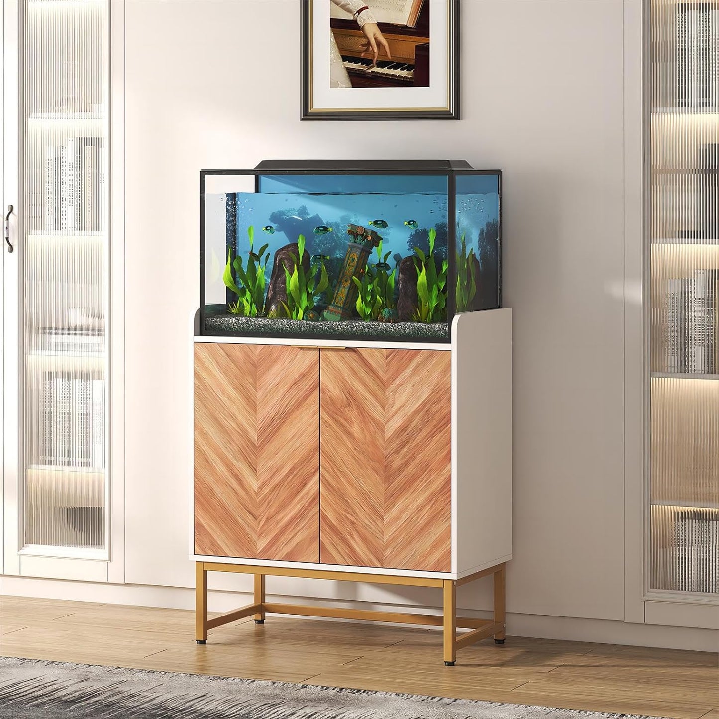 29 Gallon Fish Tank Stand, Small Aquarium Stand 20 Gallon with Doors & Adjustable Shelves, Boho Sideboard Coffee Bar Cart, Kitchen Cupboard Console Table, 30.5" L×15.7" W×35" H, White/Gold