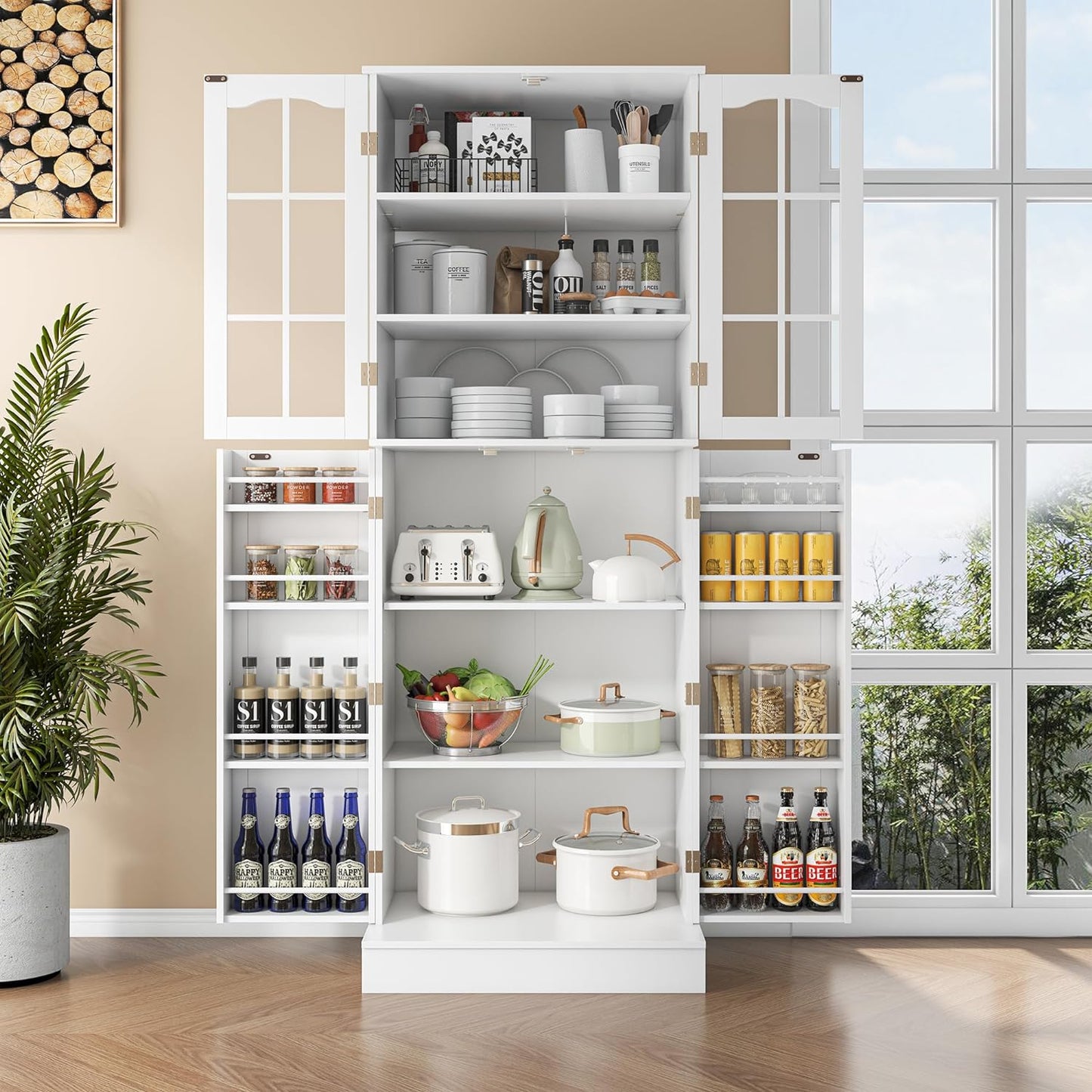 64” Kitchen Pantry Cabinets, White Freestanding Kitchen Pantry Storage Cabinet with Adjustable Shelves & Doors, Buffet Cupboards Sideboard Tall Storage Cabinet for Home Office Use