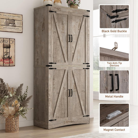 71" Tall Kitchen Pantry,Farmhouse Storage Cabinet with Adjustable Shelves,Load-Bearing Steel Pipe,Farmhouse Pantry Cabinet with 4 Barn Doors,for Kitchen,Dining Room,Living Room(Light Rustic Oak)